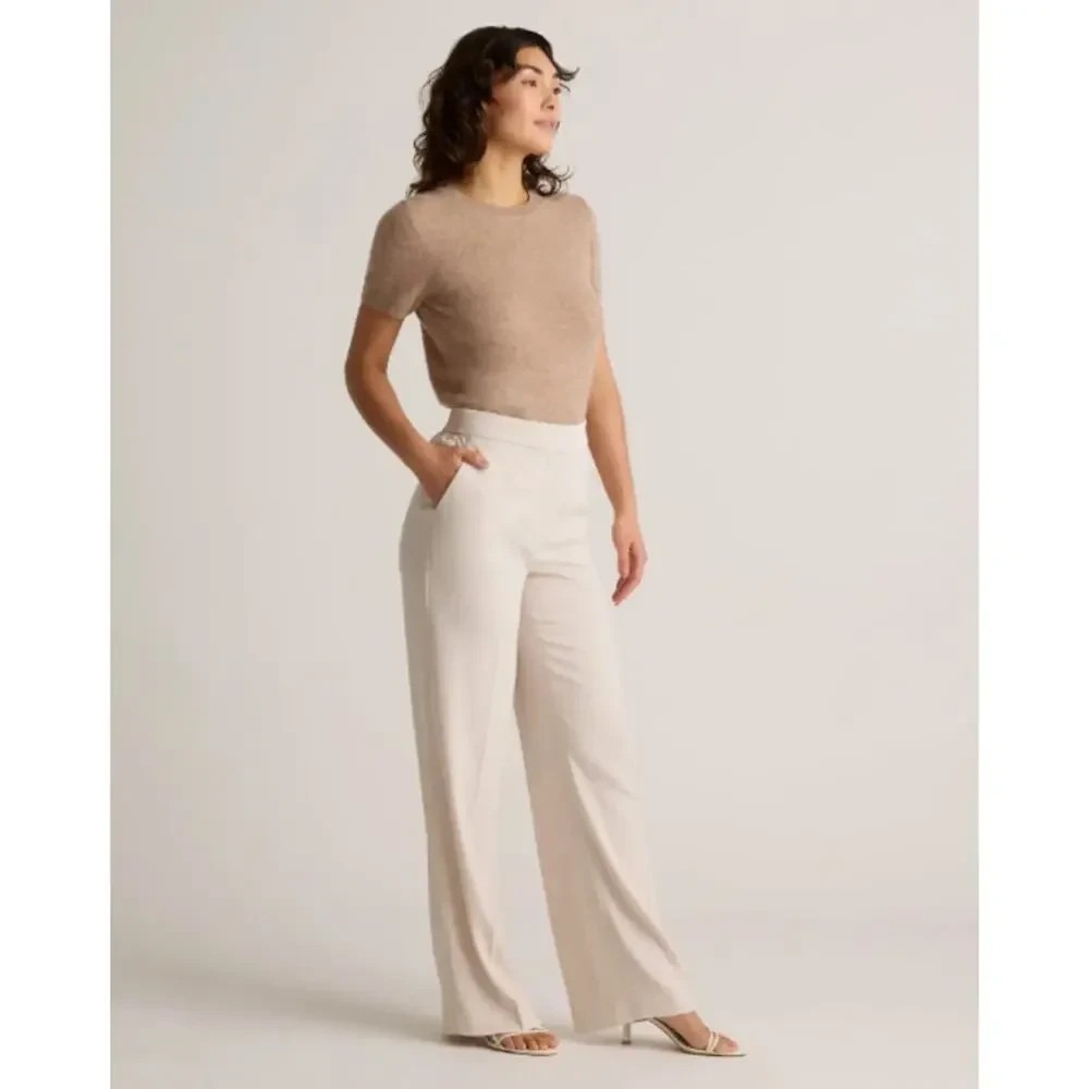 Quince Stretch Crepe Classic Wide Leg Trouser Pants Textured Sand Women 10 NWT